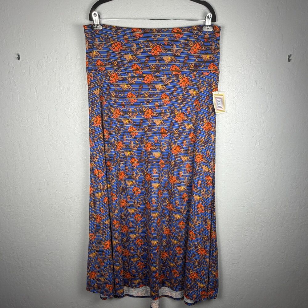 LuLaRoe Women’s 2XL Maxi Skirt Blue Orange Floral Striped A Line Long Boho NWT
